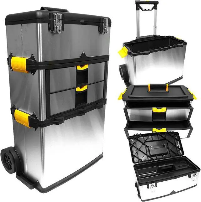 Alt view image 3 of 7 - 3-Part Portable Tool Box - Stainless-Steel Drawer Organizer with Wheels, Extendable Handle and Tough Latches - Rolling Tool Chest by Stalwart (Silver)