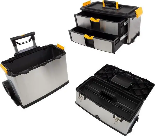 Alt view image 4 of 7 - 3-Part Portable Tool Box - Stainless-Steel Drawer Organizer with Wheels, Extendable Handle and Tough Latches - Rolling Tool Chest by Stalwart (Silver)