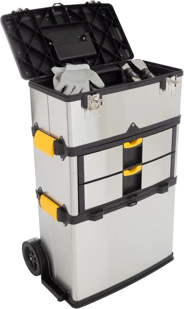 Alt view image 7 of 7 - 3-Part Portable Tool Box - Stainless-Steel Drawer Organizer with Wheels, Extendable Handle and Tough Latches - Rolling Tool Chest by Stalwart (Silver)
