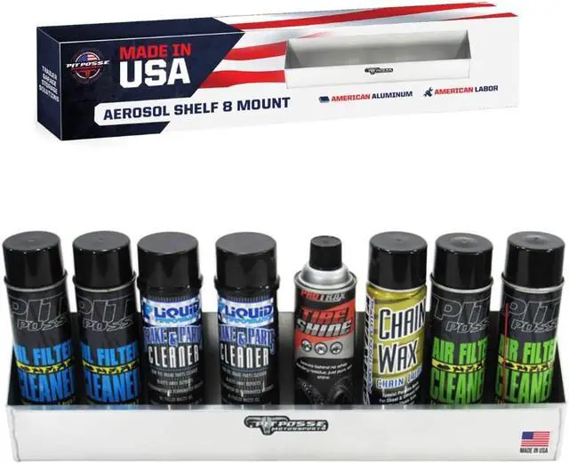 Main image of Pit Posse 567 Aerosol Shelf 8 Mount Spray Can Holder Trailer Garage Cabinet Organizer - Made in USA - Holds 8 Aerosol Cans - Shop Enclosed Race Trailer Accessory Aluminum Multi Use Storage (Silver)