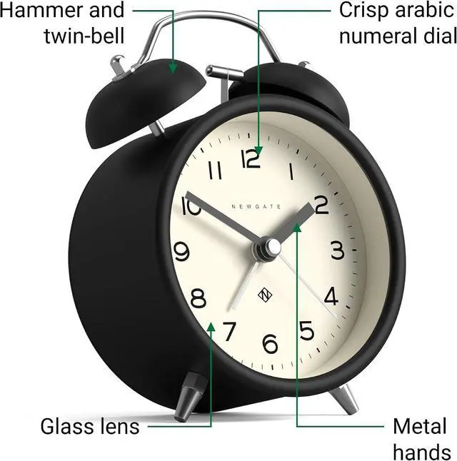 Alt view image 4 of 5 - NEWGATE® Charlie Bell Echo Alarm Clock | Modern take on Classic Twin Bell Clock | Black | Easy to Read Numbers | Ideal for Bedside, Desk or Shelf | Modern Retro Bedroom & Office Accessory