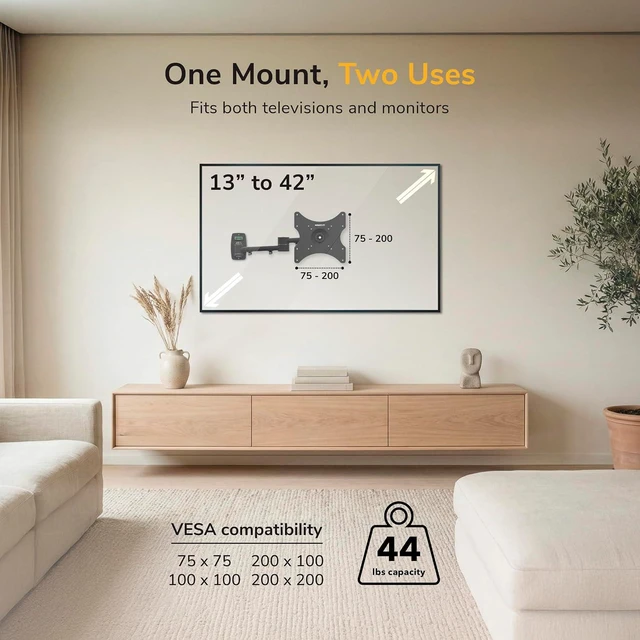 Alt view image 4 of 7 - Mount-It! Full Motion TV Wall Mount Bracket for 13-42 Screens 18" Articulating Arm, Quick Release Plate, Tilt Swivel Rotate, Anti-Theft Lock, Single Stud Install, Supports 44 lbs, VESA 75200