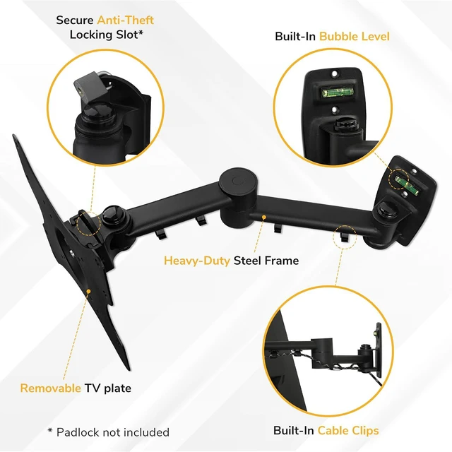 Alt view image 6 of 7 - Mount-It! Full Motion TV Wall Mount Bracket for 13-42 Screens 18" Articulating Arm, Quick Release Plate, Tilt Swivel Rotate, Anti-Theft Lock, Single Stud Install, Supports 44 lbs, VESA 75200