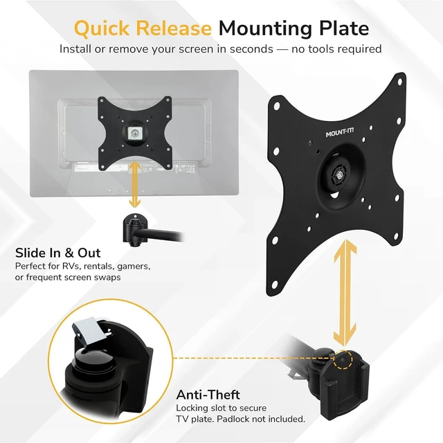 Alt view image 7 of 7 - Mount-It! Full Motion TV Wall Mount Bracket for 13-42 Screens 18" Articulating Arm, Quick Release Plate, Tilt Swivel Rotate, Anti-Theft Lock, Single Stud Install, Supports 44 lbs, VESA 75200