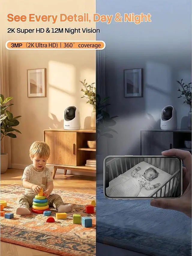 Alt view image 4 of 7 - Tenda 2K Indoor Security Camera for Baby Monitor, WiFi 6 Pet/Dog Camera for Home Security, 360° Pan/Tilt, 2-Way Audio, Motion Detection, Night Vision, 24/7 Cloud & SD Card Storage(CP3-V3.0)
