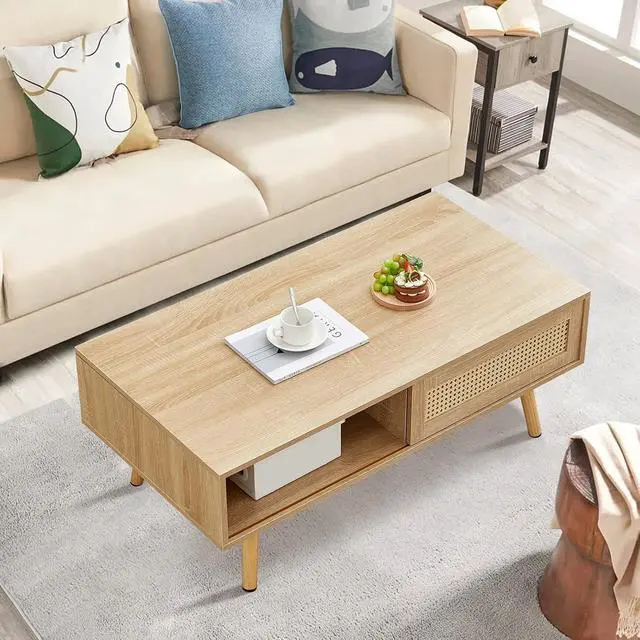 Alt view image 6 of 6 - Rattan Coffee Table, 40.3" Mid Century Modern Coffee Table with Storage, Farmhouse Rectangle Wooden Accent Center Sofa Table with Rattan Sliding Door, for Living Room Christmas-Natural