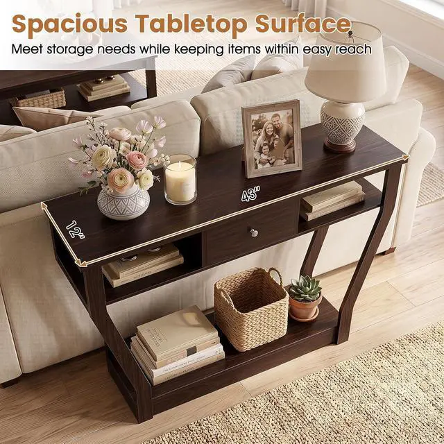 Alt view image 3 of 7 - BestComfort 47'' Narrow Console Table with Drawer, 3-Tier Wooden Entryway Accent with Open Shelves, Multi-Purpose Sofa Table for Living Room Hallway - Easy Assembly & Storage (Coffee)