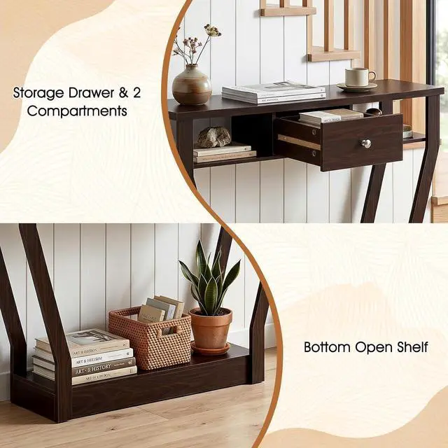 Alt view image 5 of 7 - BestComfort 47'' Narrow Console Table with Drawer, 3-Tier Wooden Entryway Accent with Open Shelves, Multi-Purpose Sofa Table for Living Room Hallway - Easy Assembly & Storage (Coffee)