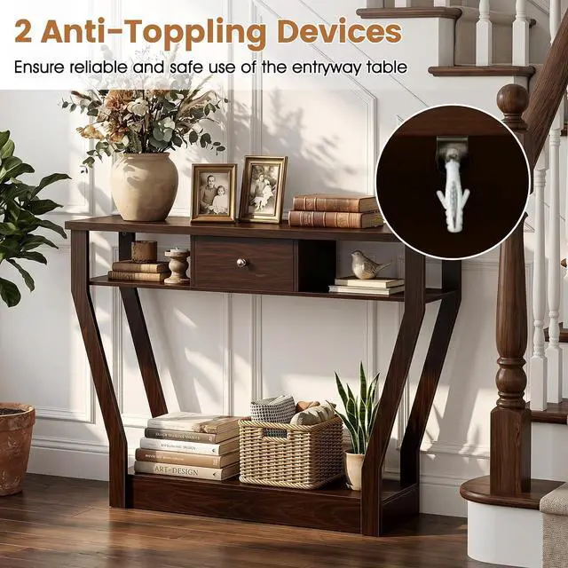 Alt view image 6 of 7 - BestComfort 47'' Narrow Console Table with Drawer, 3-Tier Wooden Entryway Accent with Open Shelves, Multi-Purpose Sofa Table for Living Room Hallway - Easy Assembly & Storage (Coffee)