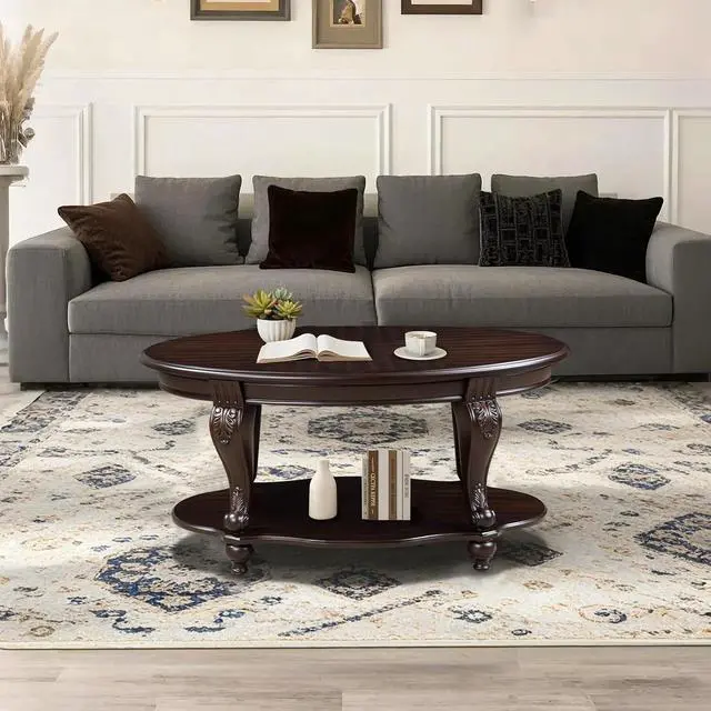 Alt view image 3 of 7 - LKTART 42" Vintage Oval Coffee Table with Real Wood Veneer Top & Shelf, Antique Carved Legs with Solid Wood Feet, Elegant Center Table for Living Room, Espresso