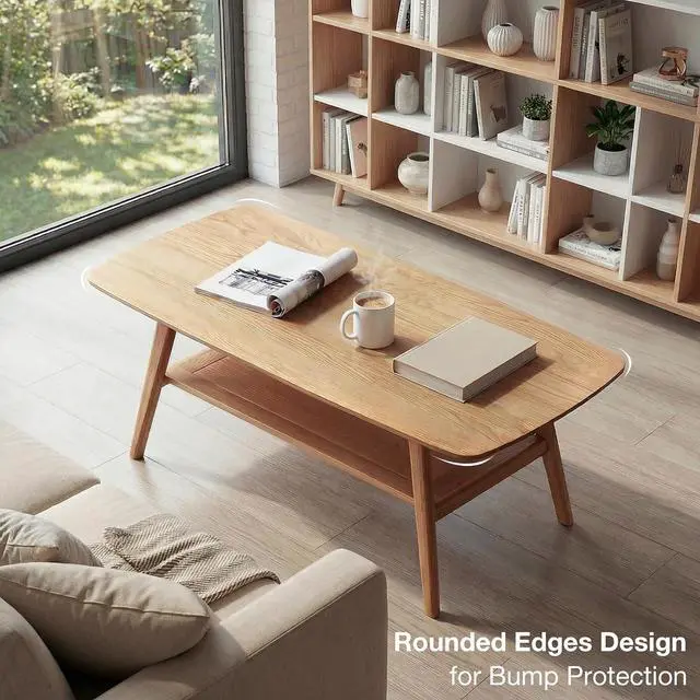 Alt view image 4 of 7 - Solid Wood 2-Tier Coffee Table for Living Room (Natural, 47.24")