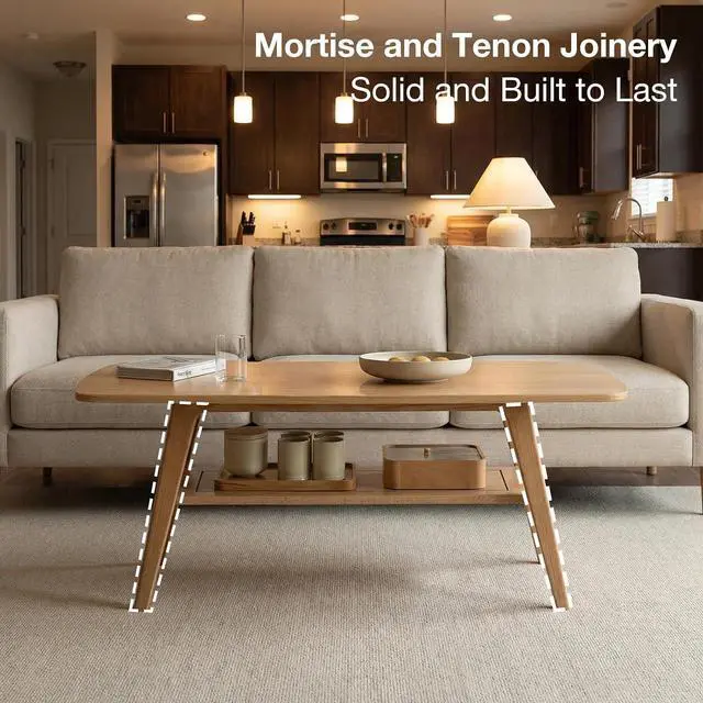 Alt view image 6 of 7 - Solid Wood 2-Tier Coffee Table for Living Room (Natural, 47.24")