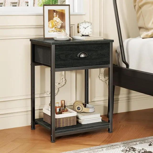 Alt view image 2 of 7 - Furologee Nightstands Set of 2, Industrial End Table with Fabric Drawer&Storage Shelf, Small Bedside Table Organizer for Small Space for Living Room, Tall 23.6" Night Stand for Bedroom, Black Oak