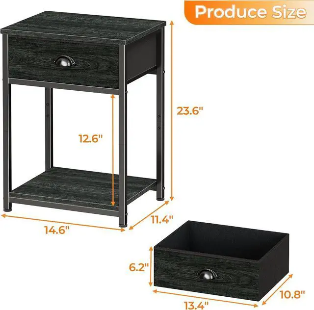 Alt view image 3 of 7 - Furologee Nightstands Set of 2, Industrial End Table with Fabric Drawer&Storage Shelf, Small Bedside Table Organizer for Small Space for Living Room, Tall 23.6" Night Stand for Bedroom, Black Oak