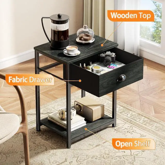 Alt view image 5 of 7 - Furologee Nightstands Set of 2, Industrial End Table with Fabric Drawer&Storage Shelf, Small Bedside Table Organizer for Small Space for Living Room, Tall 23.6" Night Stand for Bedroom, Black Oak