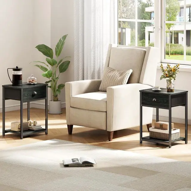 Alt view image 7 of 7 - Furologee Nightstands Set of 2, Industrial End Table with Fabric Drawer&Storage Shelf, Small Bedside Table Organizer for Small Space for Living Room, Tall 23.6" Night Stand for Bedroom, Black Oak
