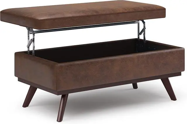 Main image of SIMPLIHOME Owen 42" Wide Vegan Leather Lift Top Ottoman in Chestnut Brown