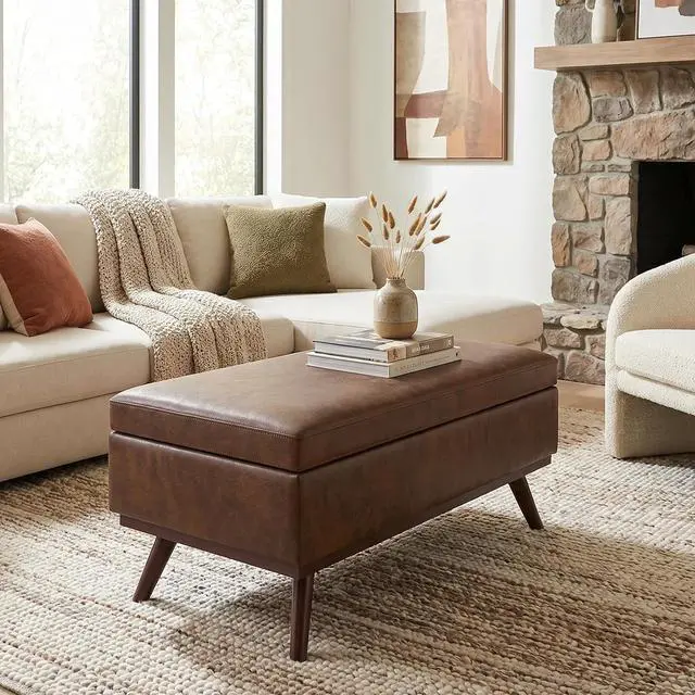 Alt view image 2 of 7 - SIMPLIHOME Owen 42" Wide Vegan Leather Lift Top Ottoman in Chestnut Brown
