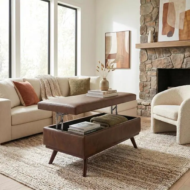 Alt view image 4 of 7 - SIMPLIHOME Owen 42" Wide Vegan Leather Lift Top Ottoman in Chestnut Brown