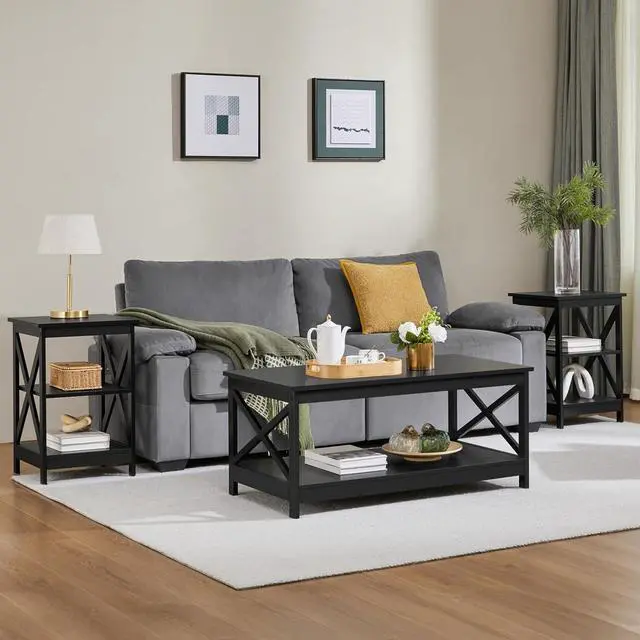 Alt view image 4 of 7 - Yaheetech Black End Table for Living Room 3-Tier X-Frame Small Sofa Side