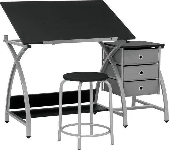Main image of SD Studio Designs 2 Piece Comet Center Plus, Craft Table and Matching Stool Set with Storage and Adjustable Top, Silver/Black