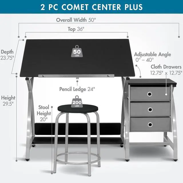 Alt view image 2 of 6 - SD Studio Designs 2 Piece Comet Center Plus, Craft Table and Matching Stool Set with Storage and Adjustable Top, Silver/Black