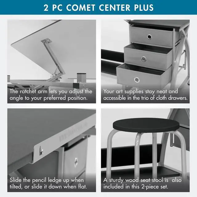 Alt view image 4 of 6 - SD Studio Designs 2 Piece Comet Center Plus, Craft Table and Matching Stool Set with Storage and Adjustable Top, Silver/Black