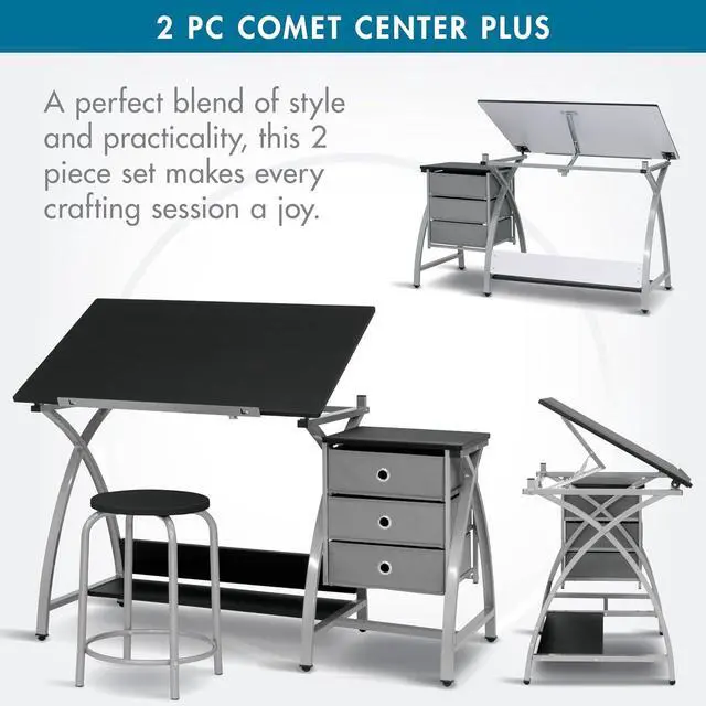 Alt view image 5 of 6 - SD Studio Designs 2 Piece Comet Center Plus, Craft Table and Matching Stool Set with Storage and Adjustable Top, Silver/Black