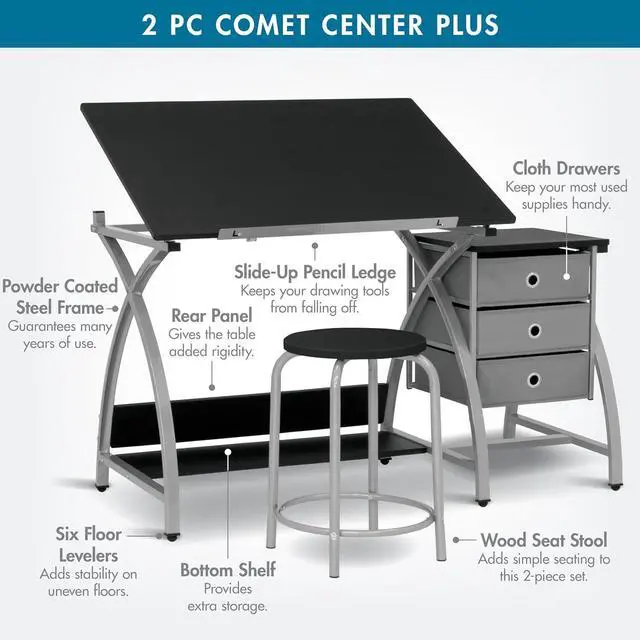 Alt view image 3 of 6 - SD Studio Designs 2 Piece Comet Center Plus, Craft Table and Matching Stool Set with Storage and Adjustable Top, Silver/Black