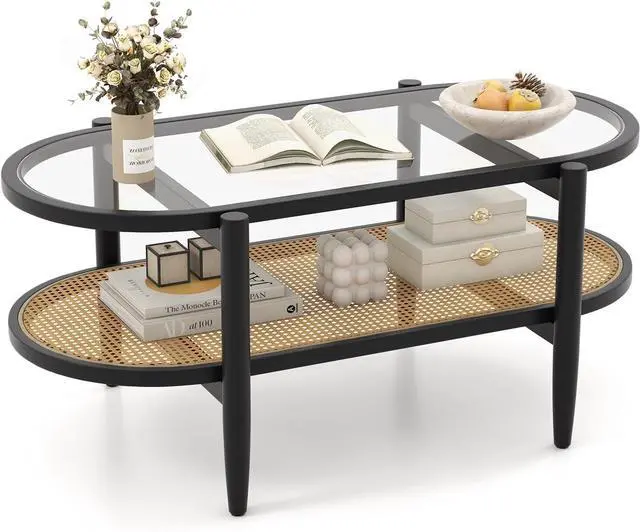 Main image of LDAILE Oval Coffee Table, Glass Top with Rattan Storage Shelf