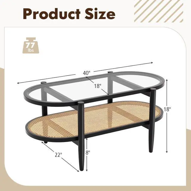 Alt view image 3 of 7 - LDAILE Oval Coffee Table, Glass Top with Rattan Storage Shelf