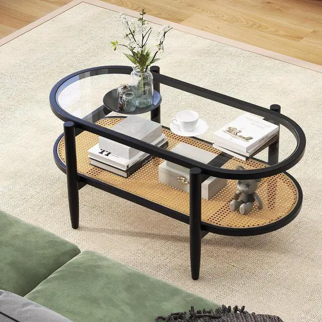 Alt view image 4 of 7 - LDAILE Oval Coffee Table, Glass Top with Rattan Storage Shelf