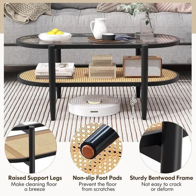 Alt view image 5 of 7 - LDAILE Oval Coffee Table, Glass Top with Rattan Storage Shelf
