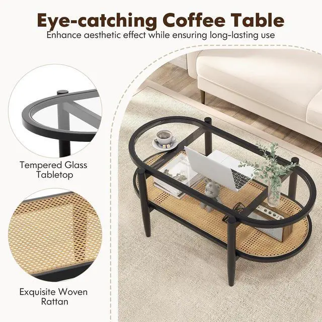 Alt view image 6 of 7 - LDAILE Oval Coffee Table, Glass Top with Rattan Storage Shelf