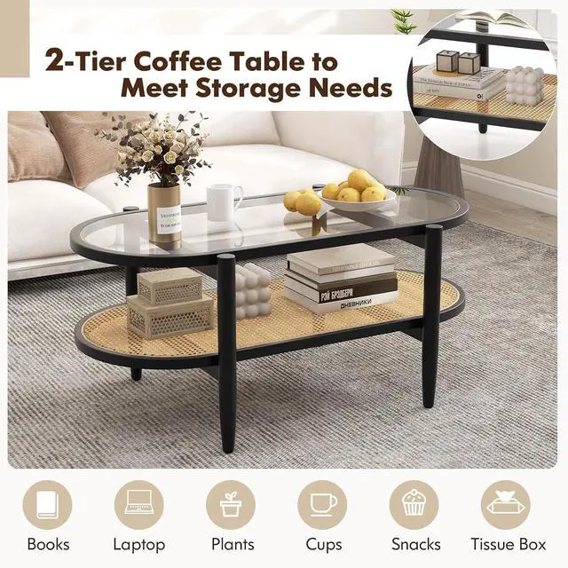 Alt view image 7 of 7 - LDAILE Oval Coffee Table, Glass Top with Rattan Storage Shelf