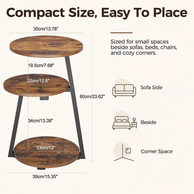 Alt view image 2 of 7 - BEWISHOME Small Round Side Table, 3-Tier End Table with Storage Shelves