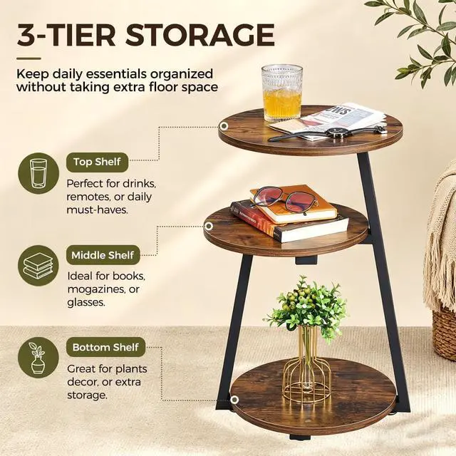 Alt view image 4 of 7 - BEWISHOME Small Round Side Table, 3-Tier End Table with Storage Shelves