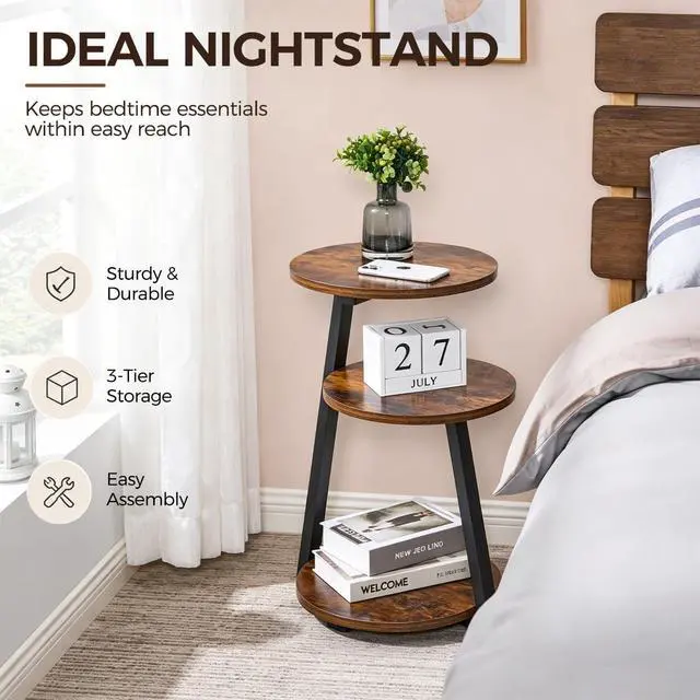 Alt view image 5 of 7 - BEWISHOME Small Round Side Table, 3-Tier End Table with Storage Shelves