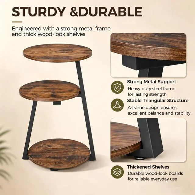 Alt view image 6 of 7 - BEWISHOME Small Round Side Table, 3-Tier End Table with Storage Shelves