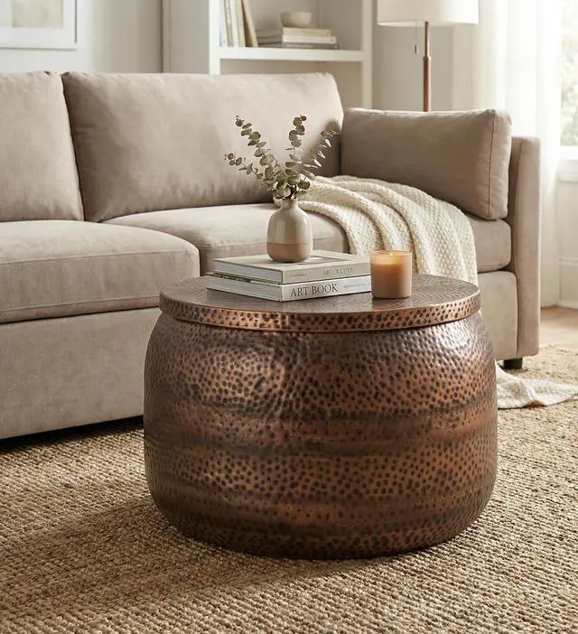 Main image of Albany Living Hammered Aluminum Drum Coffee Table with Storage, Copper