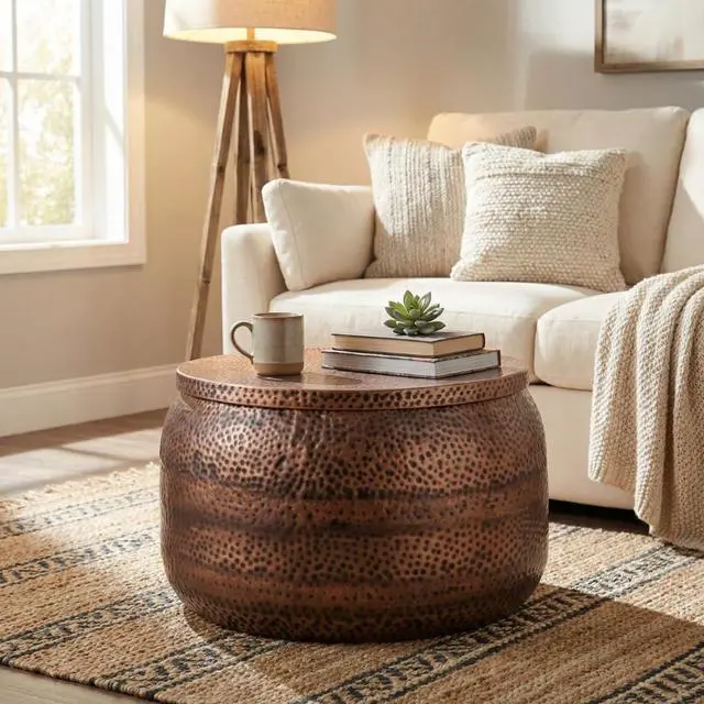 Alt view image 7 of 7 - Albany Living Hammered Aluminum Drum Coffee Table with Storage, Copper