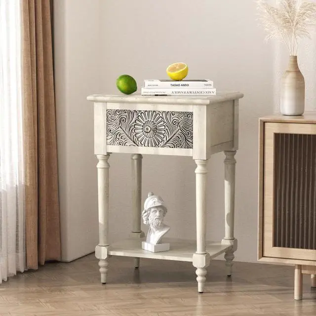 Main image of SUNBURY Vintage Nightstand with Drawer, Wood Small Bedside Table with Open Shelf, Shabby Accent End Side Table for Living Room, Bedroom