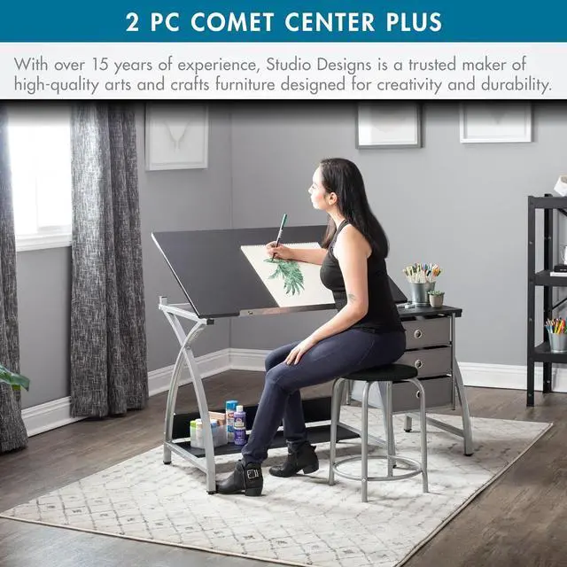 Alt view image 6 of 6 - SD Studio Designs 2 Piece Comet Center Plus, Craft Table and Matching Stool Set with Storage and Adjustable Top, Silver/Black