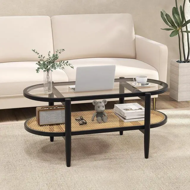 Alt view image 2 of 7 - LDAILE Oval Coffee Table, Glass Top with Rattan Storage Shelf