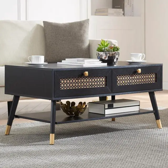 Main image of Mid Century Modern Black Coffee Table with Storage Drawers & Open Shelf, Solid Wooden Boho Rectangle Table with Metal Legs Designed for Living Room, Office, Lounge. Black Color with Golden Decor