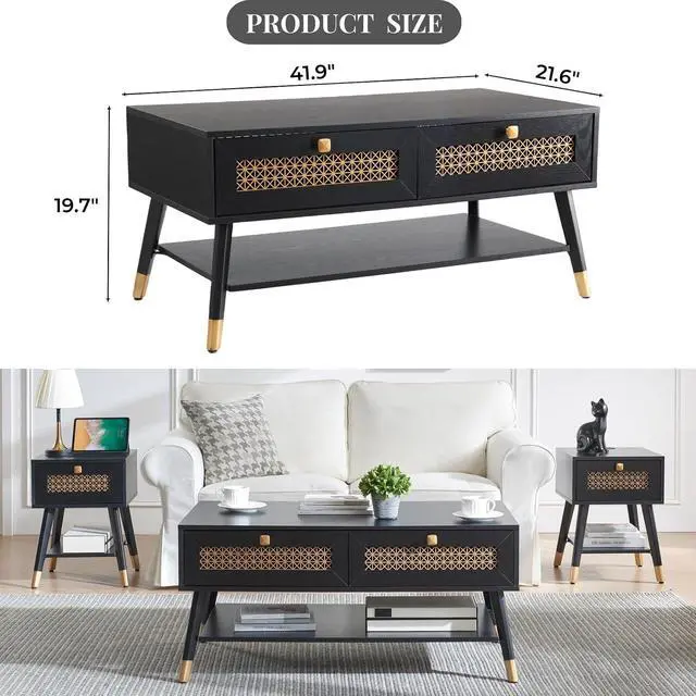 Alt view image 2 of 7 - Mid Century Modern Black Coffee Table with Storage Drawers & Open Shelf, Solid Wooden Boho Rectangle Table with Metal Legs Designed for Living Room, Office, Lounge. Black Color with Golden Decor