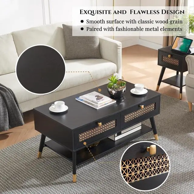 Alt view image 3 of 7 - Mid Century Modern Black Coffee Table with Storage Drawers & Open Shelf, Solid Wooden Boho Rectangle Table with Metal Legs Designed for Living Room, Office, Lounge. Black Color with Golden Decor