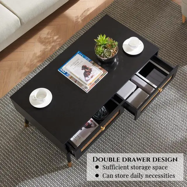 Alt view image 4 of 7 - Mid Century Modern Black Coffee Table with Storage Drawers & Open Shelf, Solid Wooden Boho Rectangle Table with Metal Legs Designed for Living Room, Office, Lounge. Black Color with Golden Decor