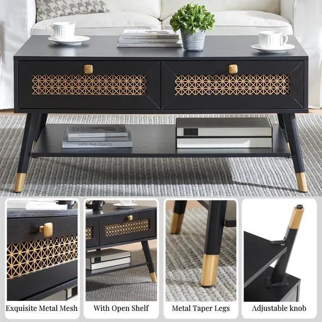 Alt view image 5 of 7 - Mid Century Modern Black Coffee Table with Storage Drawers & Open Shelf, Solid Wooden Boho Rectangle Table with Metal Legs Designed for Living Room, Office, Lounge. Black Color with Golden Decor