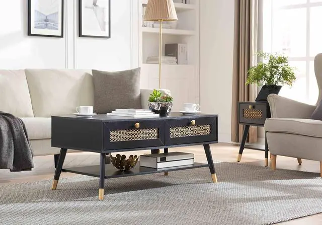Alt view image 6 of 7 - Mid Century Modern Black Coffee Table with Storage Drawers & Open Shelf, Solid Wooden Boho Rectangle Table with Metal Legs Designed for Living Room, Office, Lounge. Black Color with Golden Decor